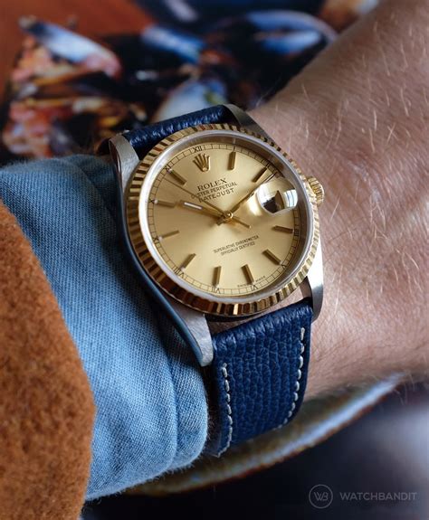 rolex datejust blue leather strap|vintage Rolex with leather strap.